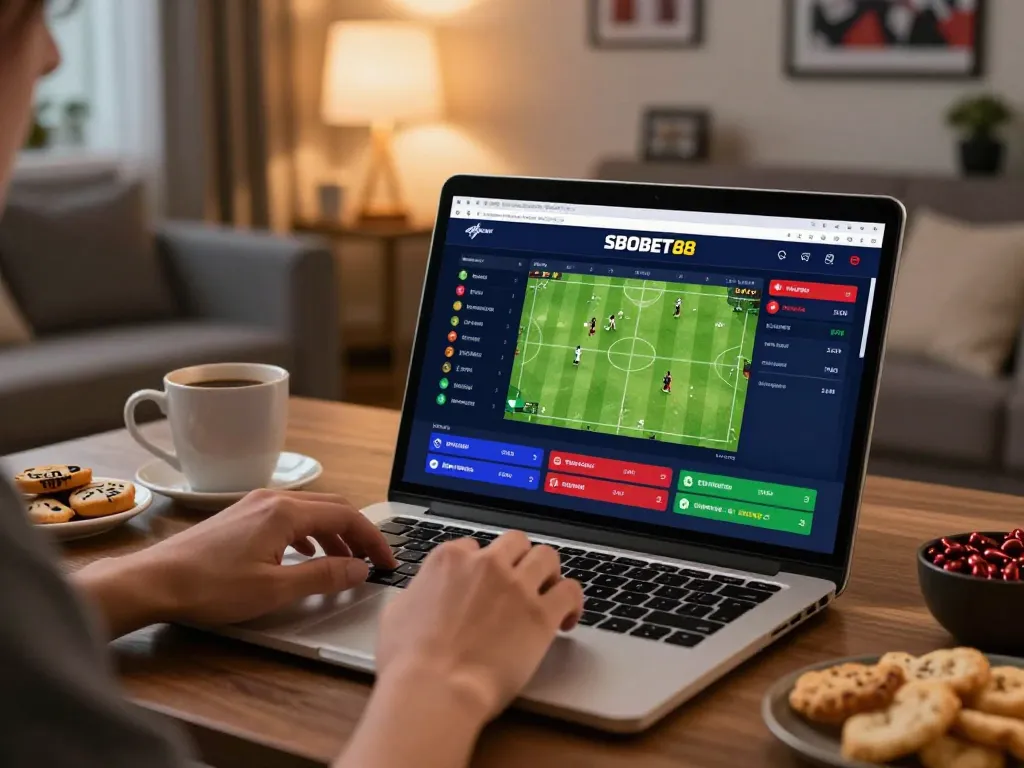 Pengaturan taruhan olahraga online SBOBET88 yang menunjukkan odds langsung di laptop di ruangan yang nyaman.