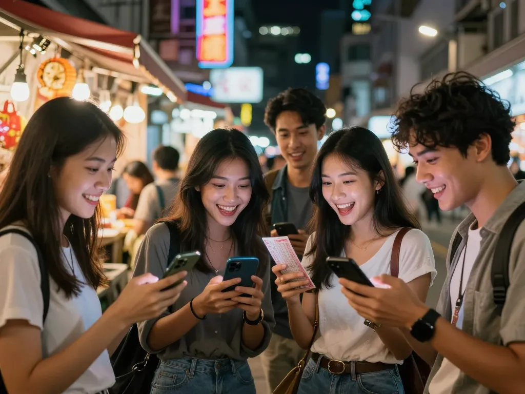 Sekelompok teman merayakan hasil HK Lotto di suasana malam perkotaan yang hidup, dikelilingi oleh lampu neon dan pedagang kaki lima.