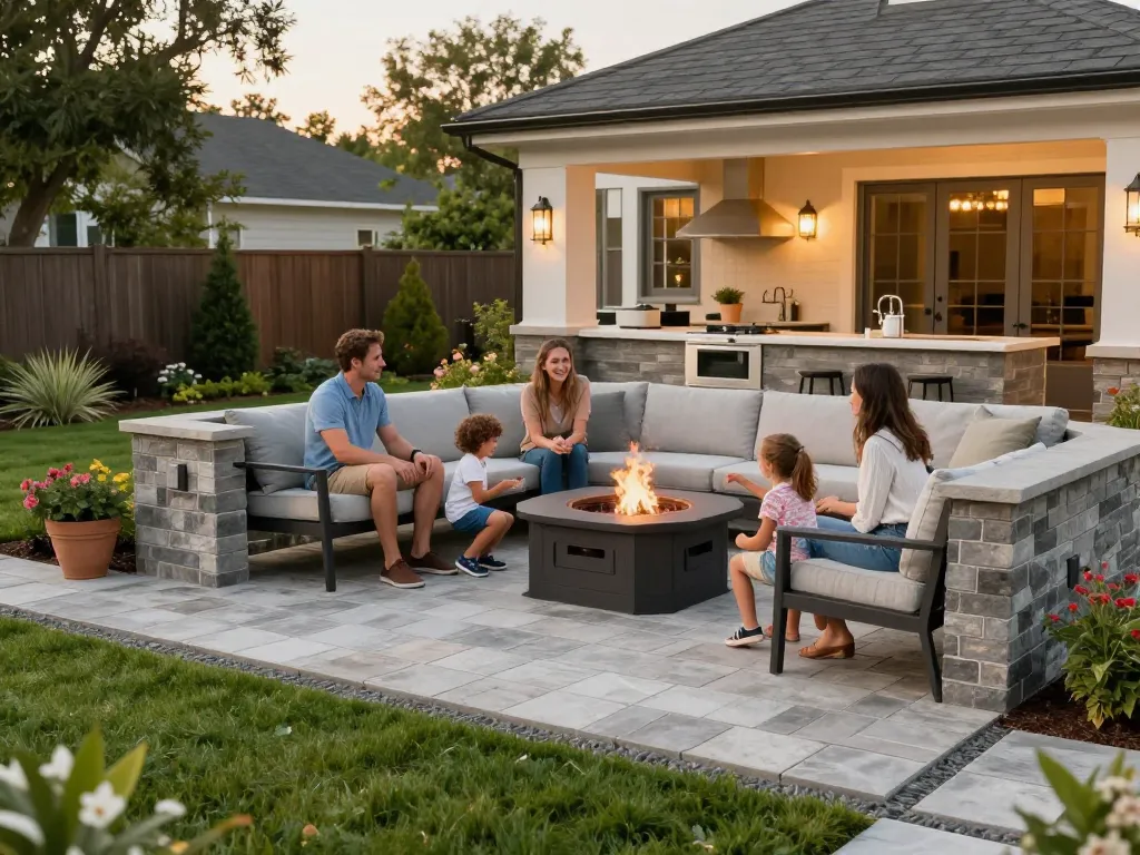 Paver installation near me transformed this family's outdoor space into a stylish patio, featuring a fire pit and cozy seating.