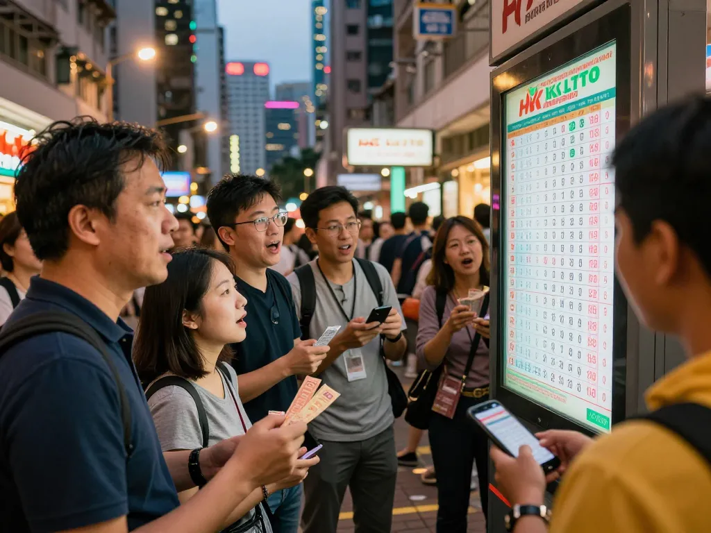 Penggemar lotere memeriksa hasil HK Lotto di lingkungan perkotaan yang hidup.