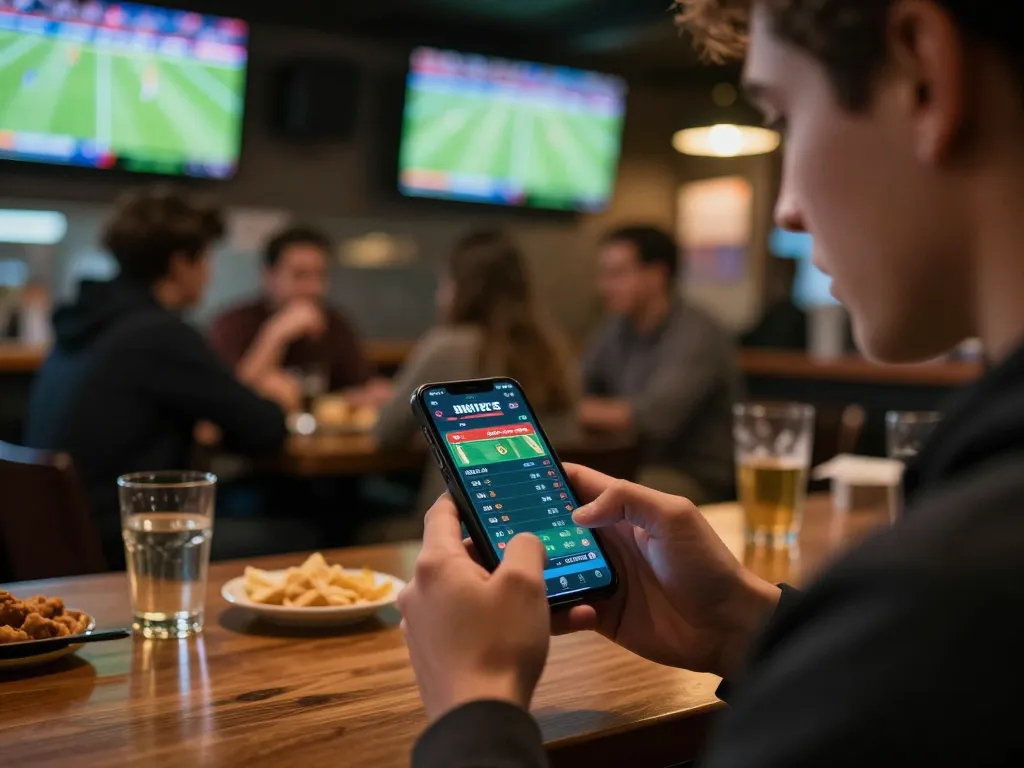 Engaged bettor reviewing odds on smartphone for keonhacai sports betting in a lively sports bar.