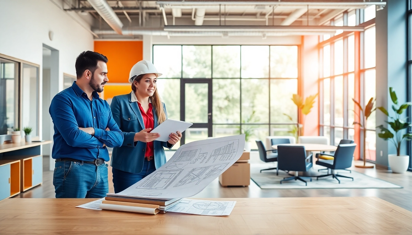 Office renovation contractor Austin team collaborating in a modern workspace with blueprints.