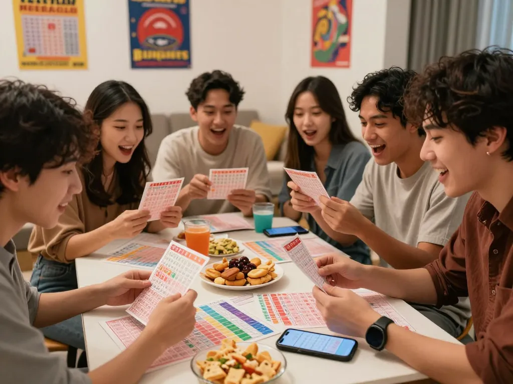 Seperangkat teman emosional memeriksa tiket HK Lotto di ruang tamu yang nyaman