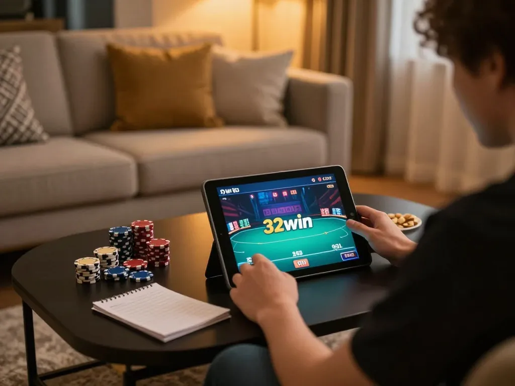 Engaging in poker gameplay on 32win. com in a cozy home setting.