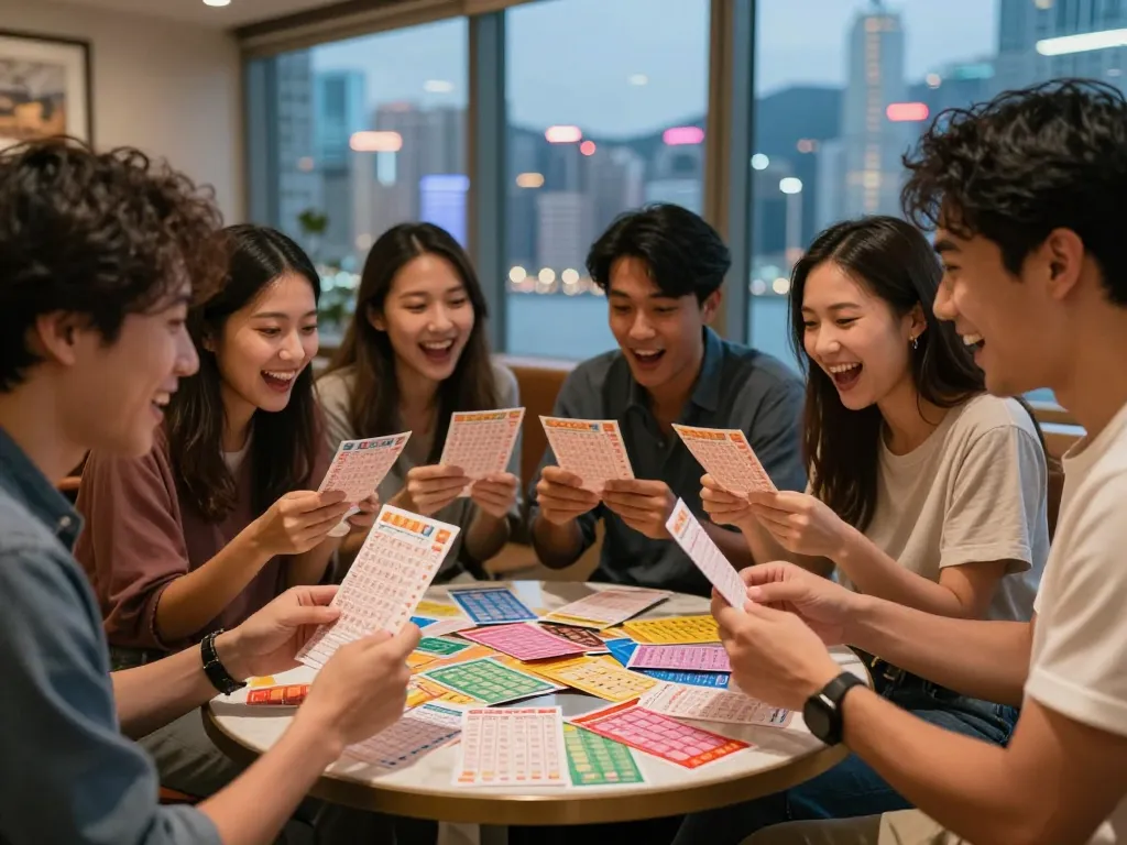 Teman-teman merayakan tiket HK Lotto mereka di lingkungan perkotaan, menunjukkan kegembiraan dan kebersamaan.