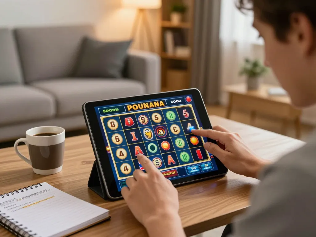 Player enjoying a winning moment on mb66-t slot games using a tablet in a cozy home setting