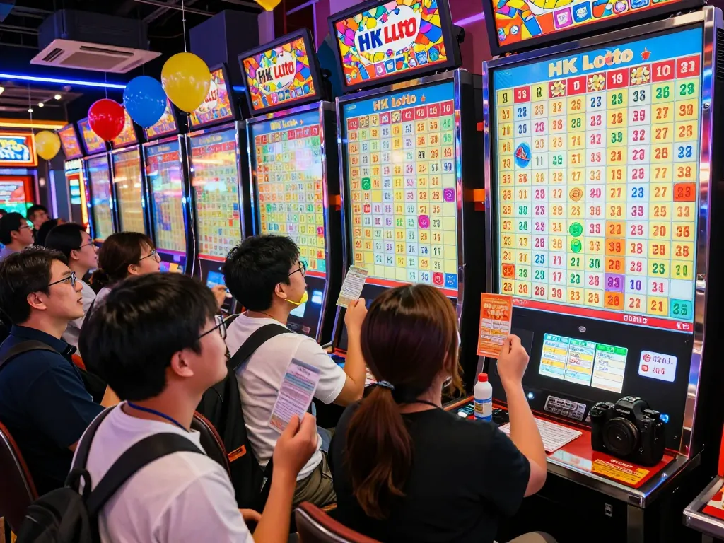 Kehebohan hasil HK Lotto dalam suasana undian lotere yang hidup dengan pemain antusias dan tiket yang berwarna-warni.