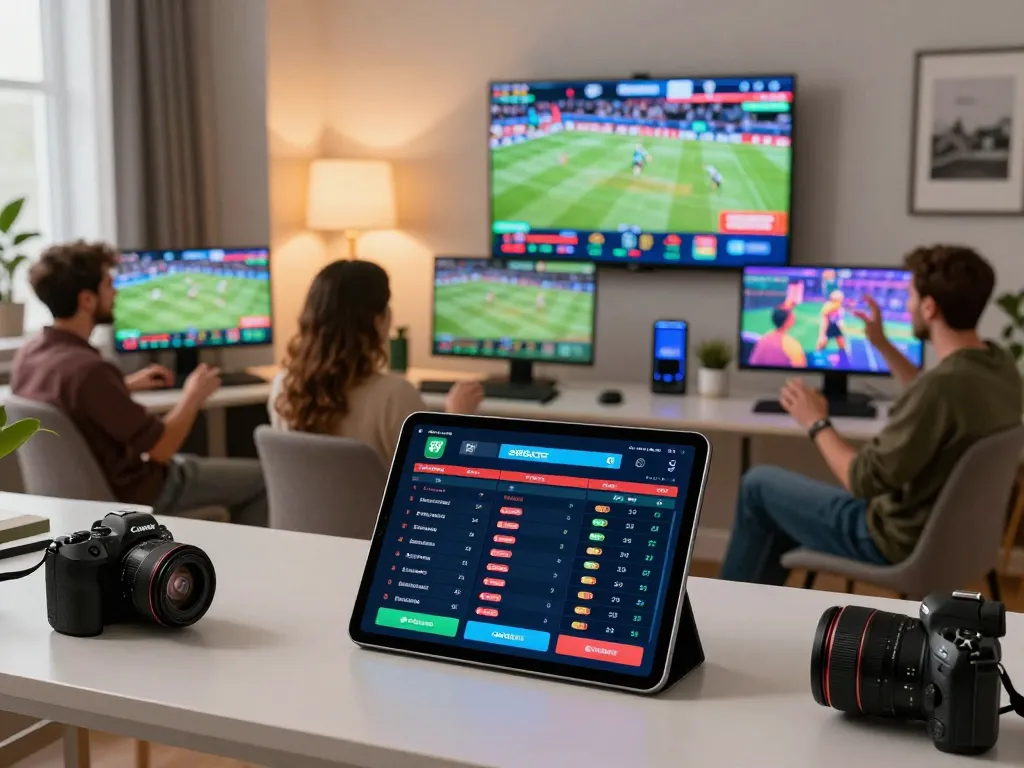 Scene taruhan olahraga SBOBET dengan pengguna yang bersemangat memeriksa odds di tablet di kantor rumah yang sleek.