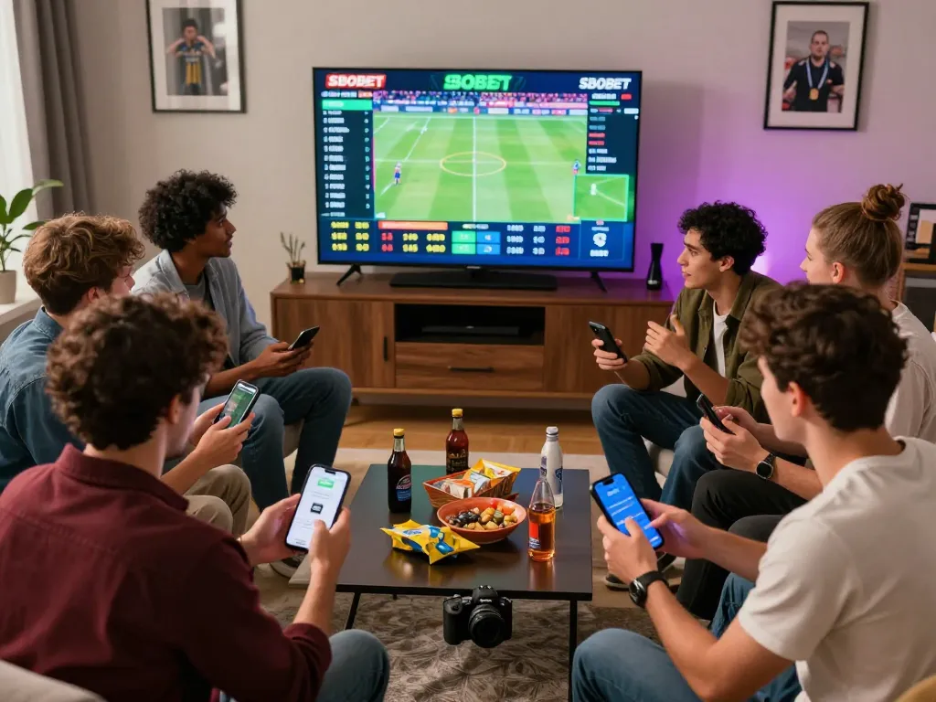 Friends enjoying SBOBET sports betting while watching live events in a vibrant living room.