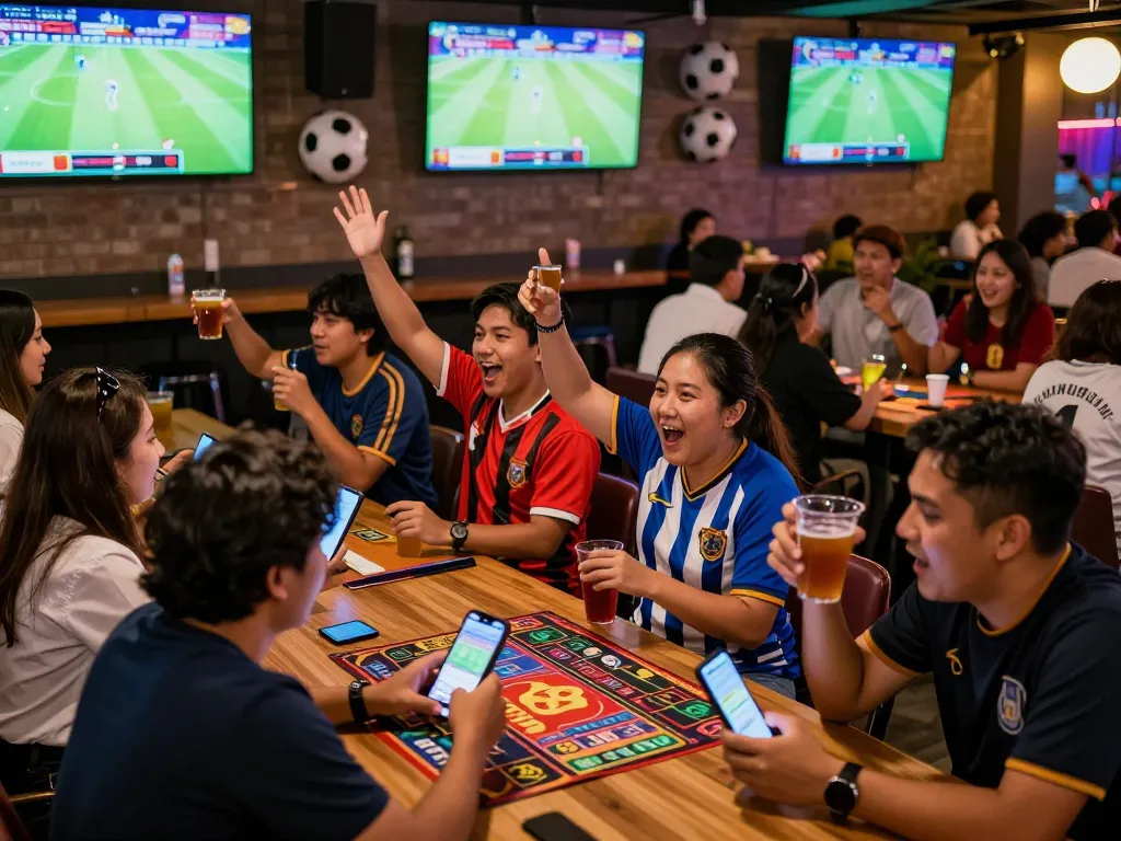 Penggemar terlibat dalam taruhan Judi Bola Piala Dunia sambil menikmati suasana bar olahraga yang energik