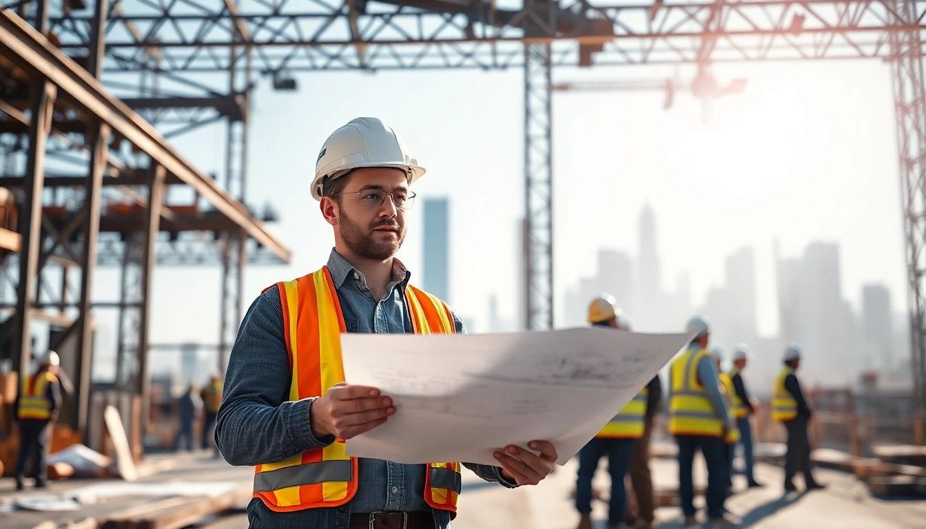 Manhattan Commercial General Contractor engaging with blueprints at a busy construction site.