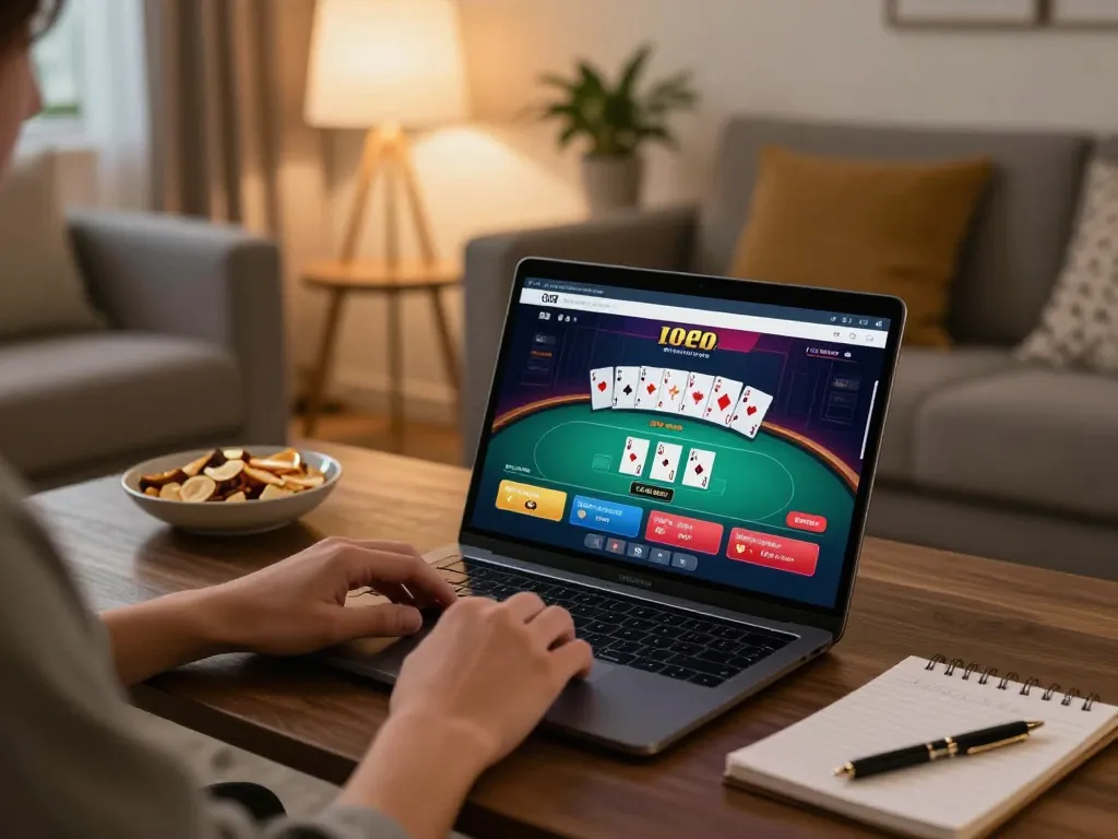 Engaging in online poker gameplay at home with 88xeng on the screen.