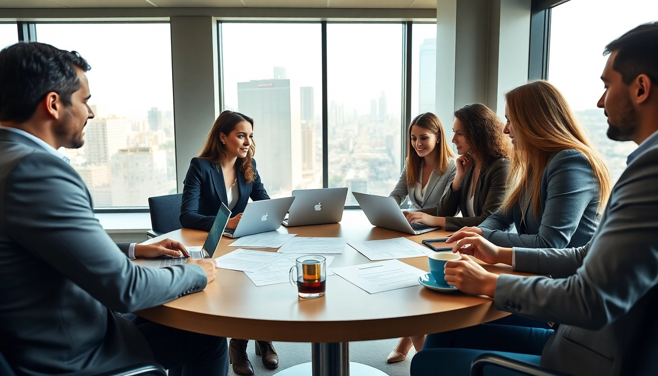 Business professionals discussing Contract Management. in a modern office setting with documents and technology.
