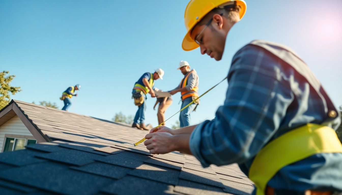Roofing contractor measuring shingles on a residential roof with a bright sky in the background.
