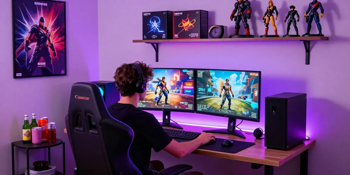 Interactive gaming scene showcasing nsfw ai experience with colorful LED lighting and dual-screen setup.