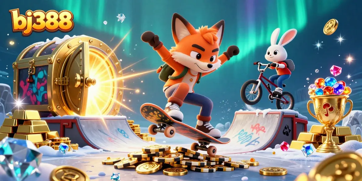 Experience the excitement of bj388 with vibrant characters and casino elements depicted in a spectacular 3D scene.