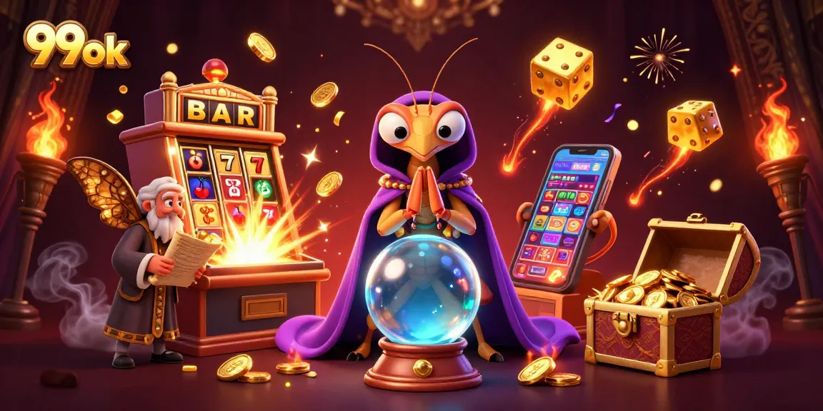 Experience the thrill of 99ok with dynamic slot machine action and fortune teller characters.