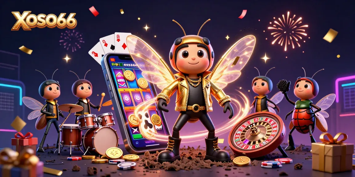 XOSO66 captivates players with its vibrant casino-themed 3D illustration showcasing a rock star cicada and dynamic game elements.