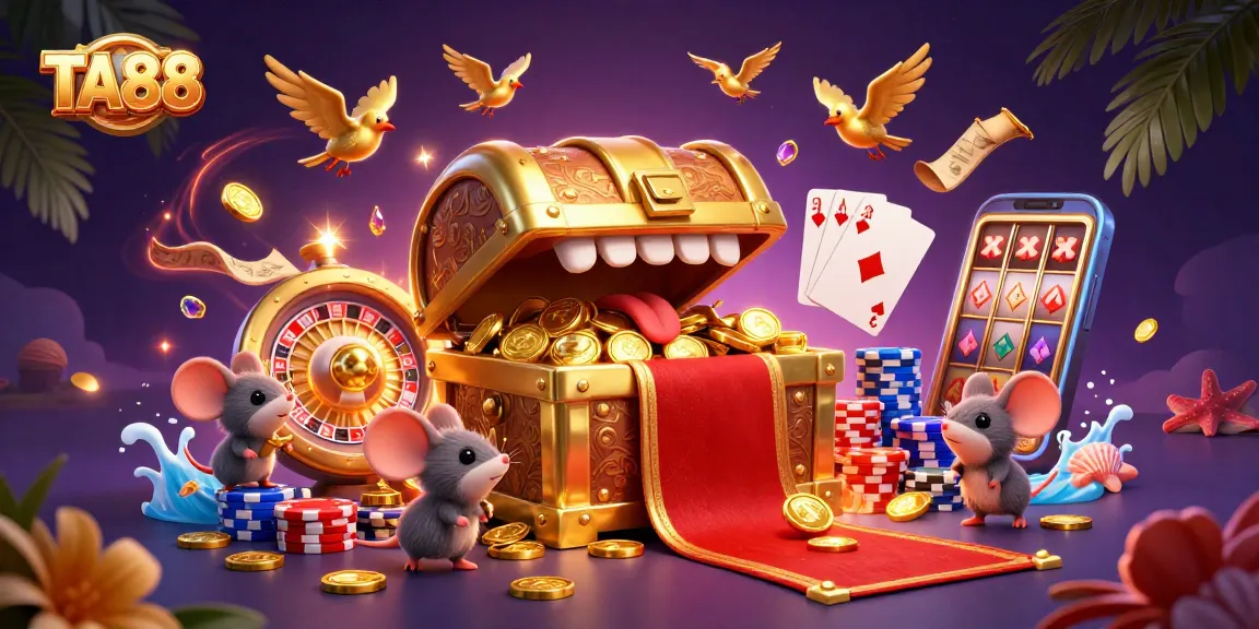 TA88 casino adventure with treasure chest and vibrant gaming elements, promising excitement and riches.