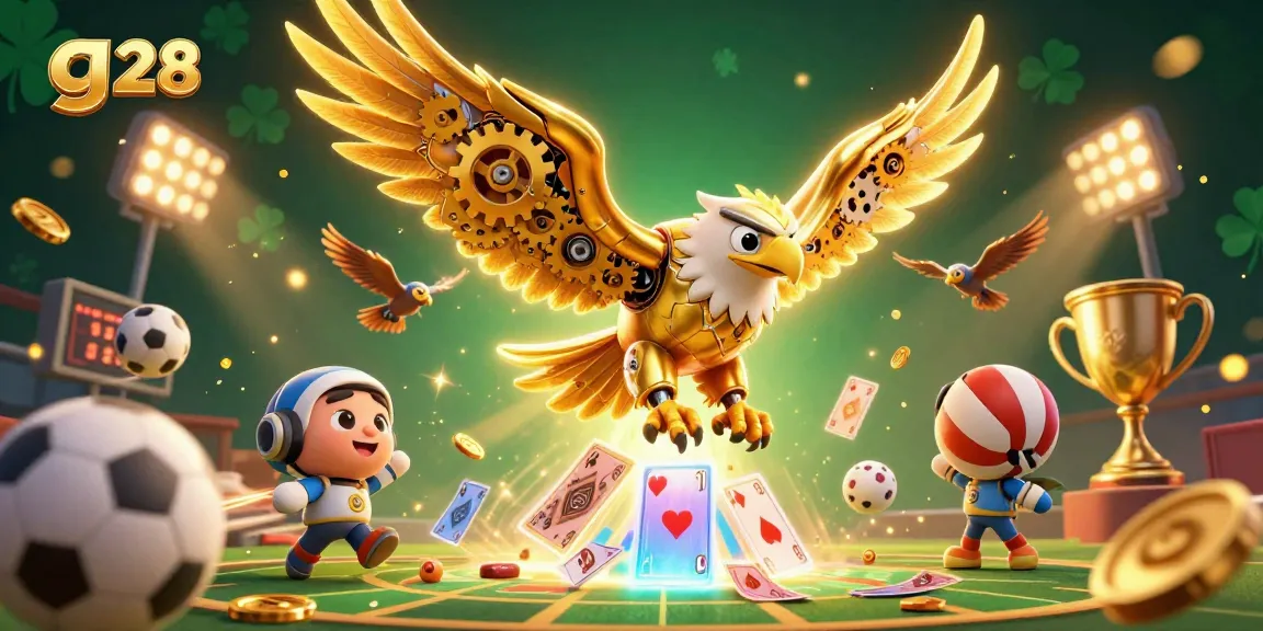 Experience exhilarating gameplay with g 28 as a cybernetic eagle dives through holographic cards and sports elements.