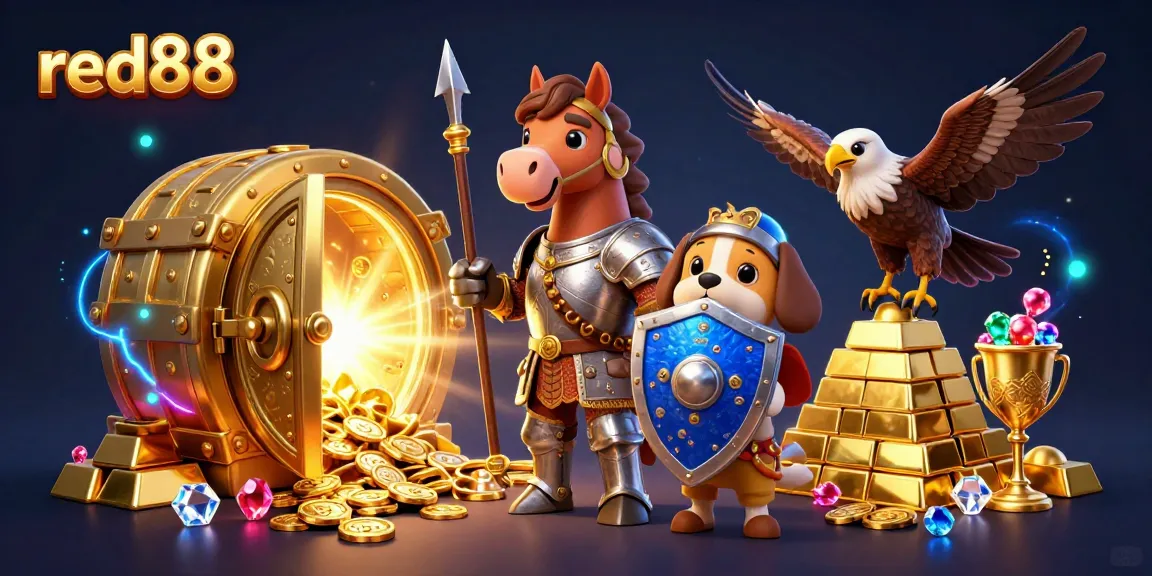 Engage in the excitement of red88 with a vibrant 3D casino-themed illustration featuring a knight and treasures.