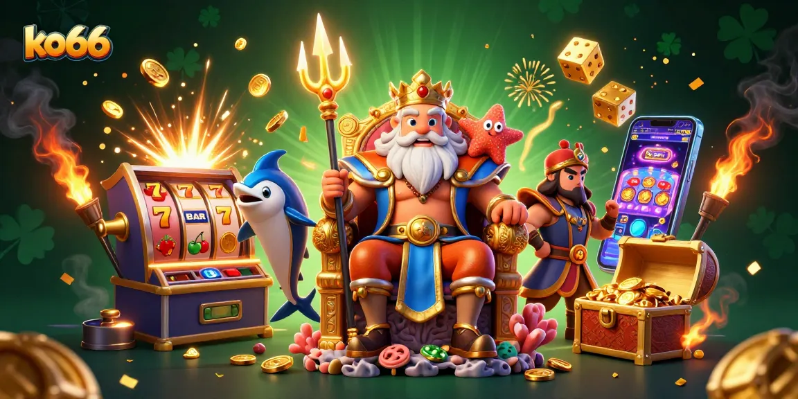 ko66's vibrant 3D scene with Neptune, slot machine, and treasure, showcasing exciting casino action.