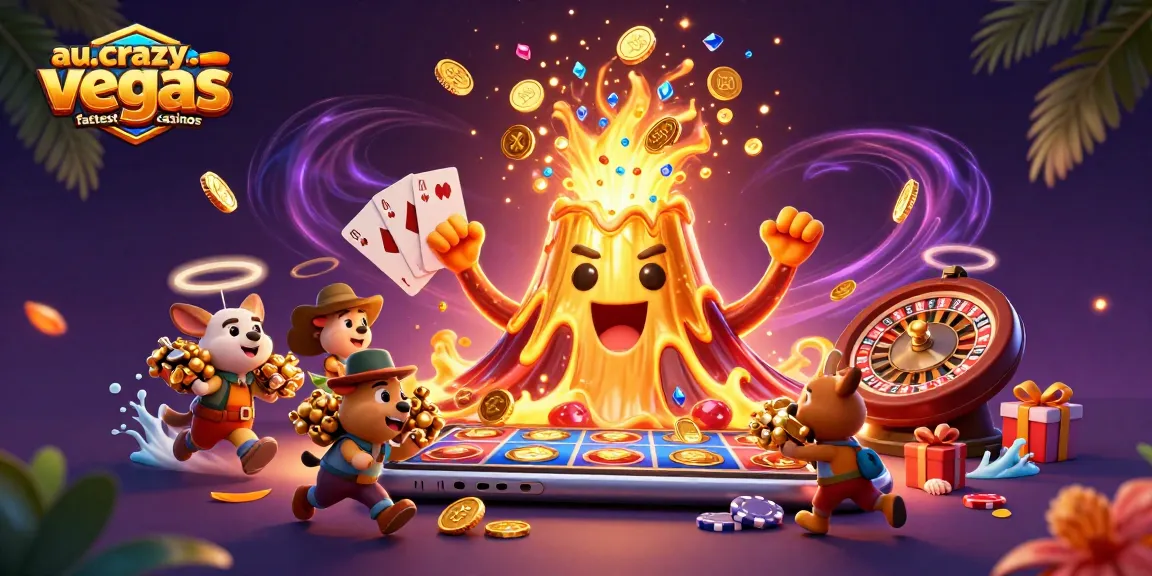 A vibrant 3D scene showcasing au.crazyvegas.com fastest payout casinos with a golden volcano erupting coins, surrounded by slot games and palm decorations.