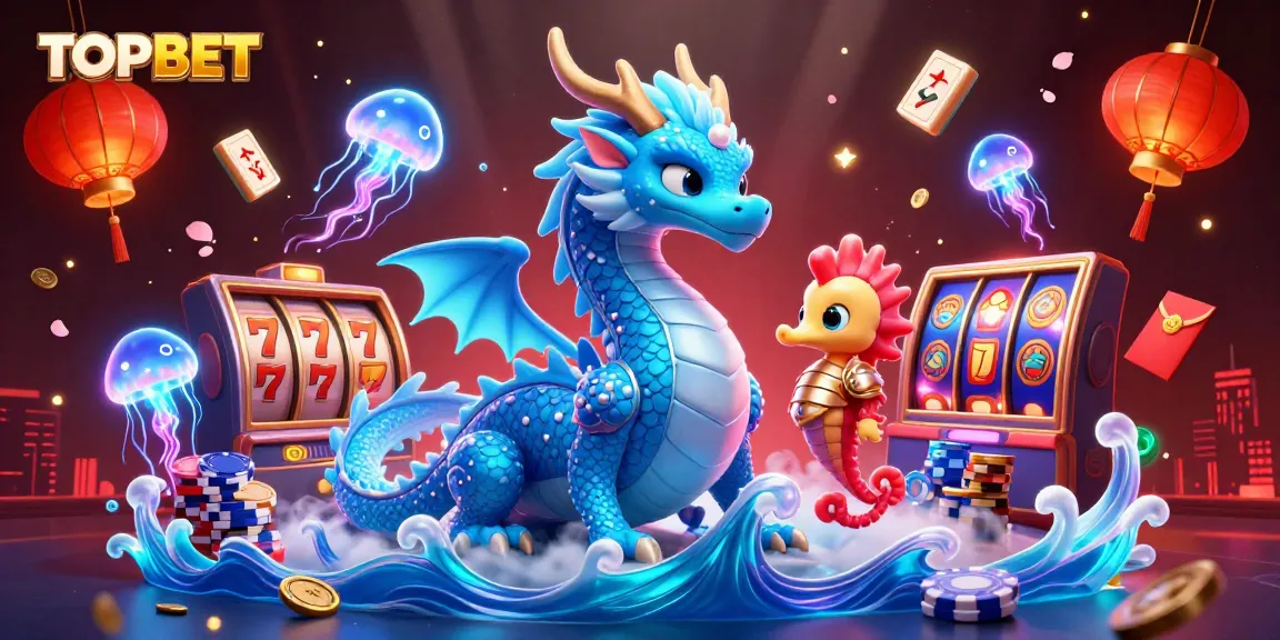 TOPBET showcases a vibrant 3D illustration with an azure dragon and casino elements, highlighting thrilling gambling excitement.