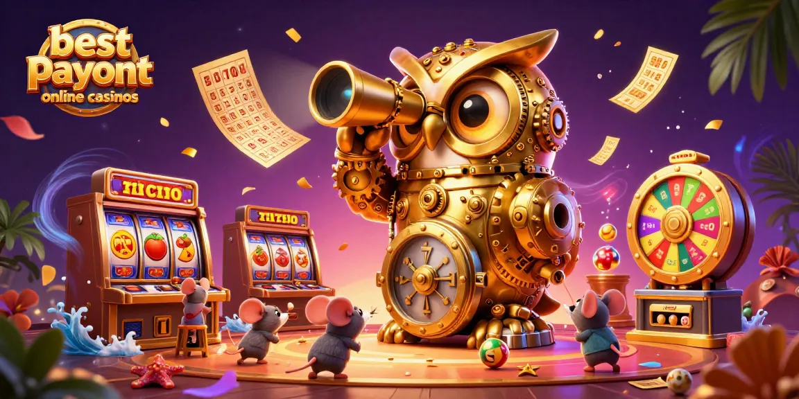 Experience the thrill of best payout online casinos with a whimsical 3D scene of an owl overseeing gold and slot machines.