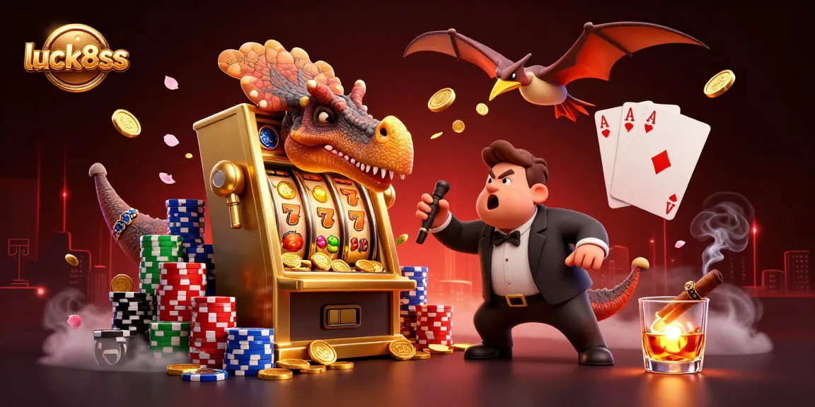 Exciting luck8ss scene with dinosaurs playing casino games and winning coins.