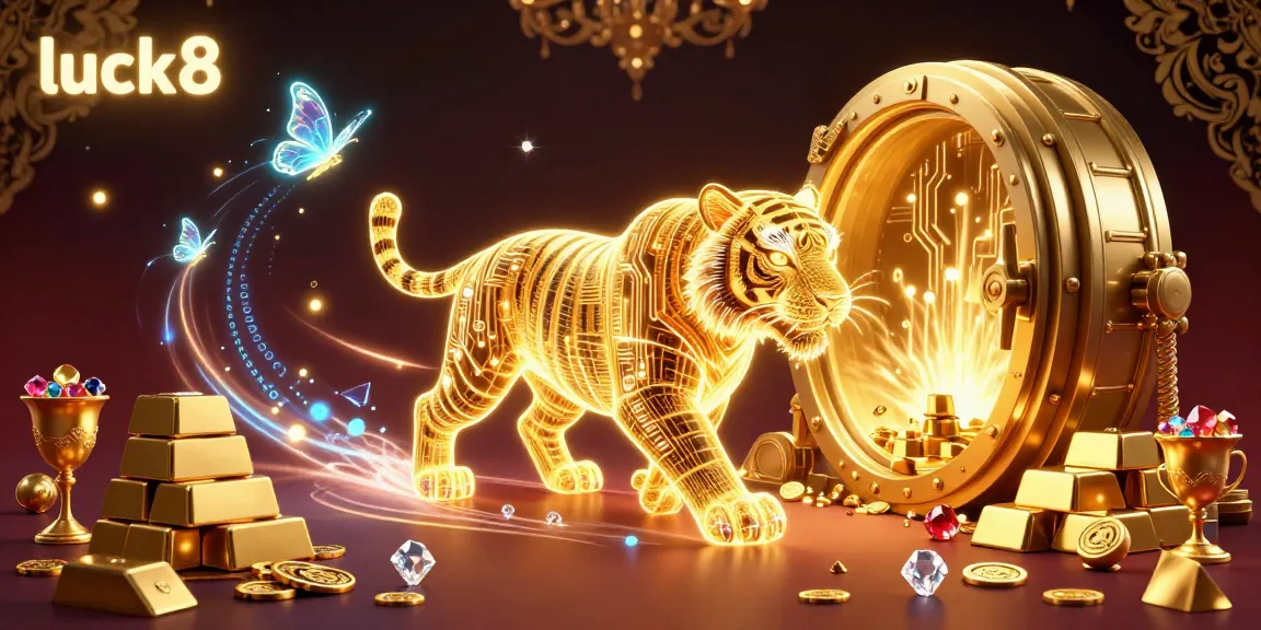 Experience luck8 in this vibrant casino scene featuring a digital tiger and sparkling treasures.