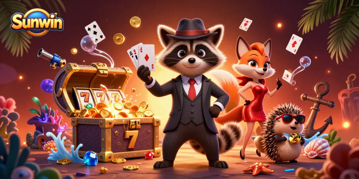 Experience thrilling gameplay with Sunwin's lively casino scene featuring raccoon, fox, and hedgehog characters.