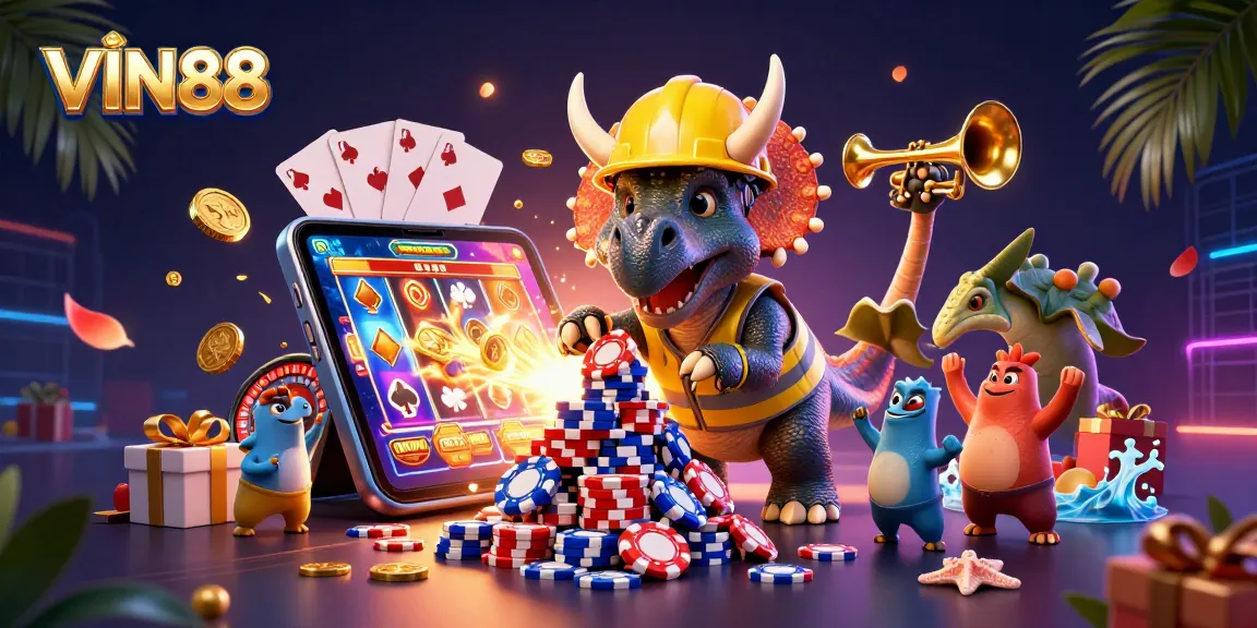 Celebrate thrilling gaming at VIN88 with triceratops building a poker chip pyramid.