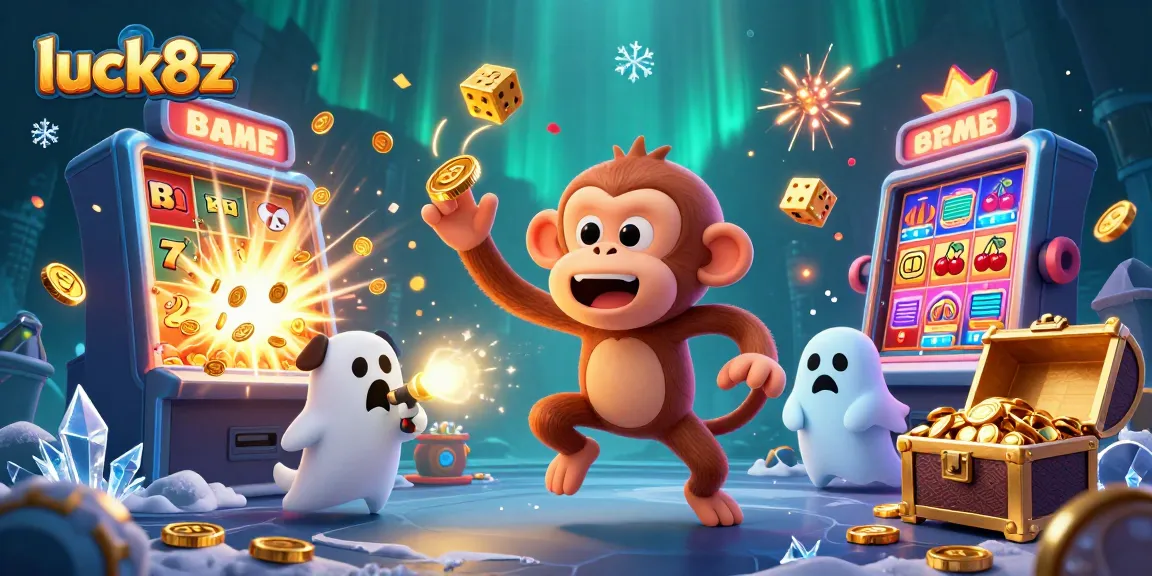 Engage with luck8z in an enchanting casino scene featuring a playful poltergeist monkey and a curious ghost-hunter puppy.