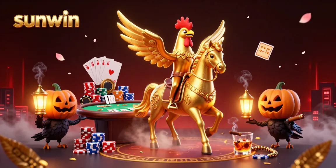 Engage with the thrilling atmosphere of sunwin casino featuring a golden rooster and spectral horse.