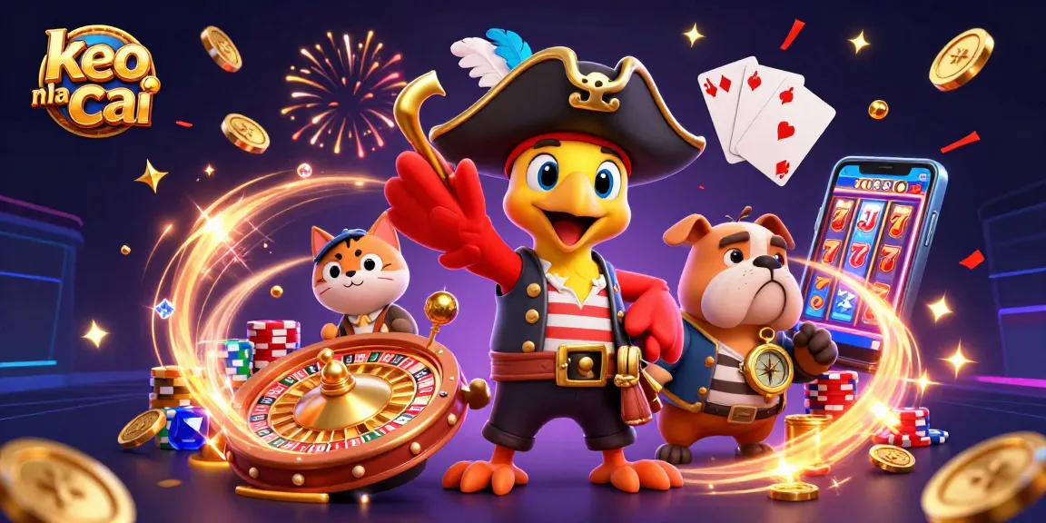 Cheerful characters celebrating keo nha cai wins with golden coins and casino elements.