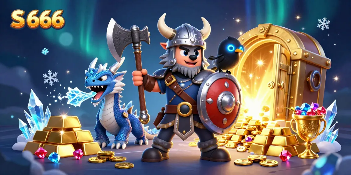 S 666 players enjoying thrilling experiences with a Viking warrior, dragon, and lavish treasures in an engaging casino scene