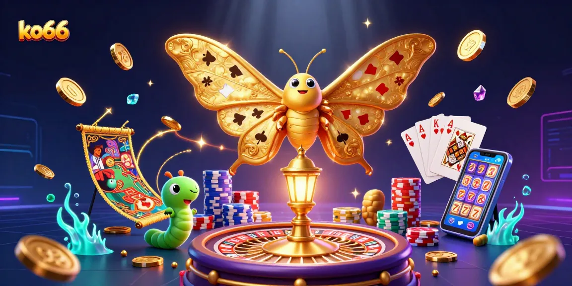 Experience thrilling gaming at ko66 with a captivating 3D illustration featuring joyous casino elements.