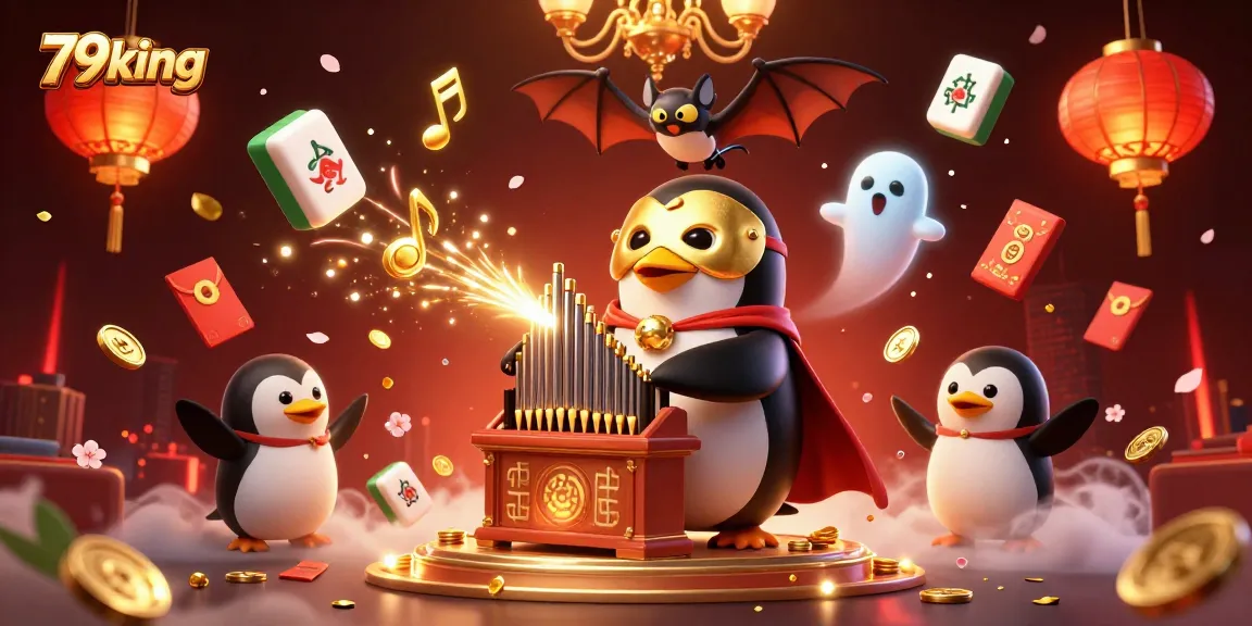 Experience exciting gameplay at 79king with a lively casino illustration featuring a phantom penguin playing music amidst golden celebrations.